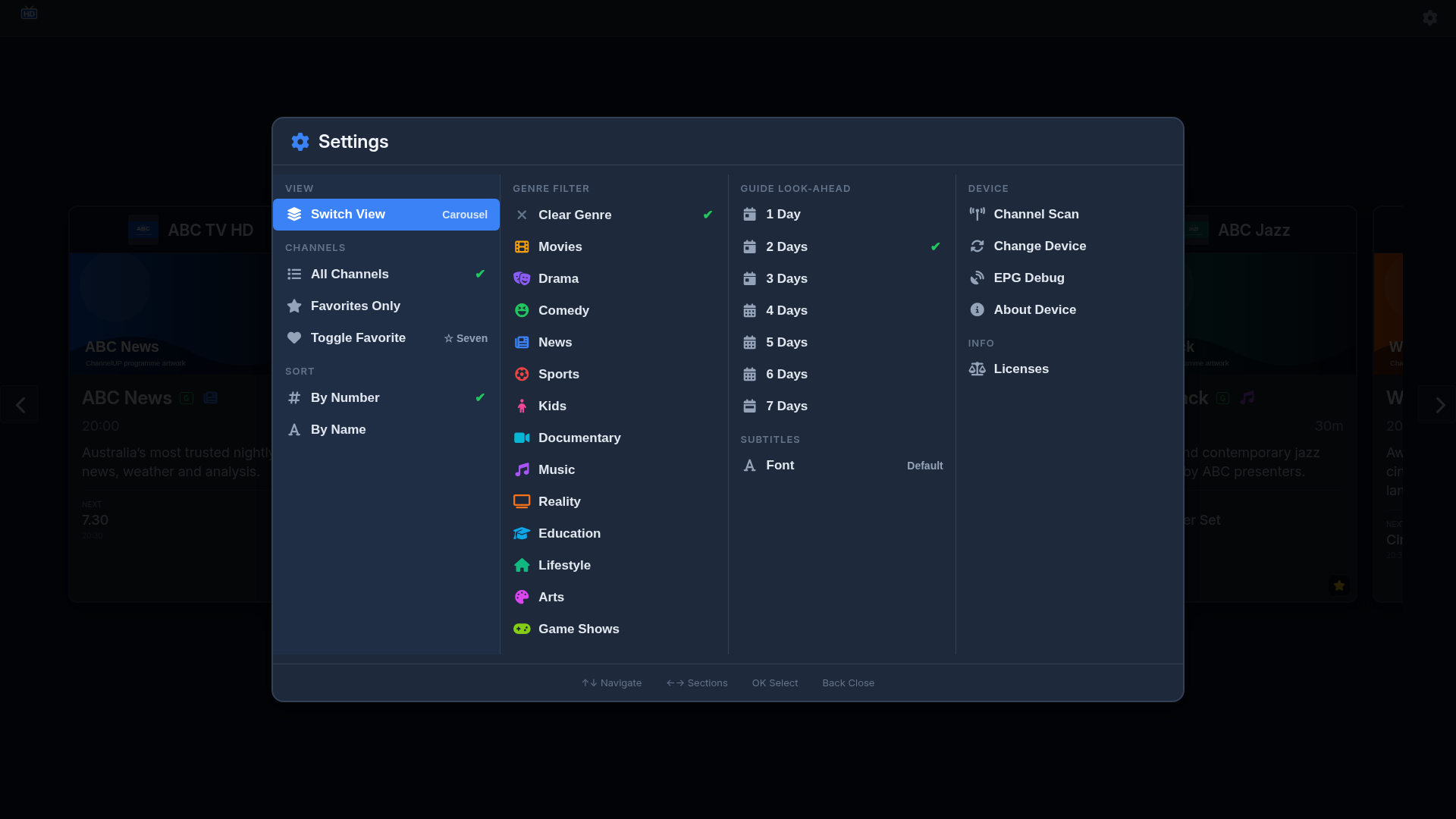 ChannelUP settings menu