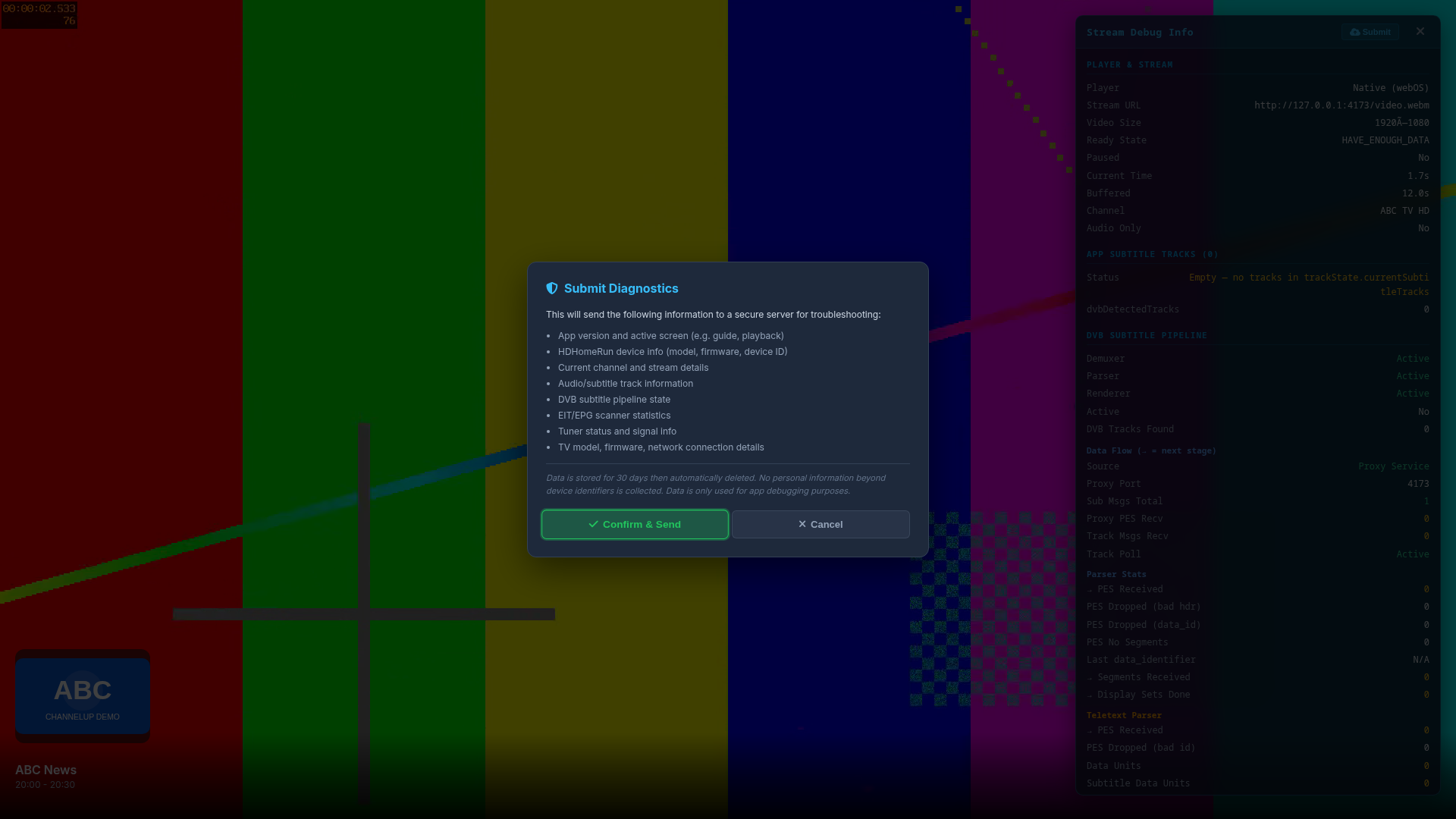 ChannelUP diagnostic submission consent screen