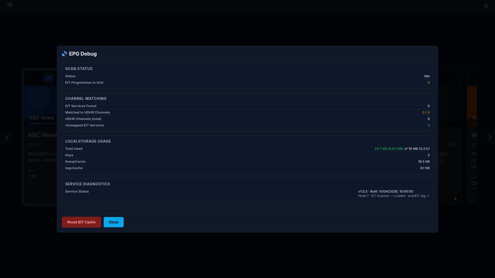 ChannelUP EPG diagnostics screen
