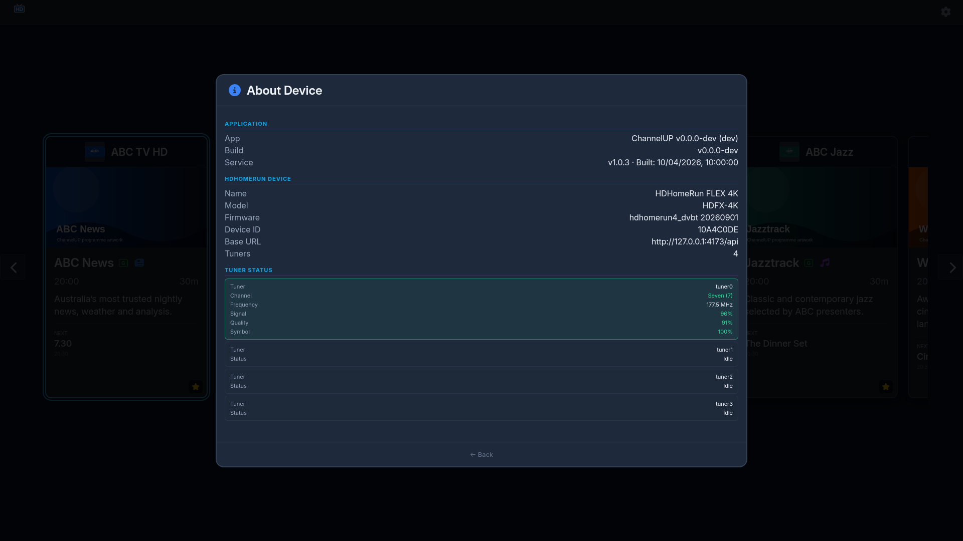 ChannelUP device and application information screen