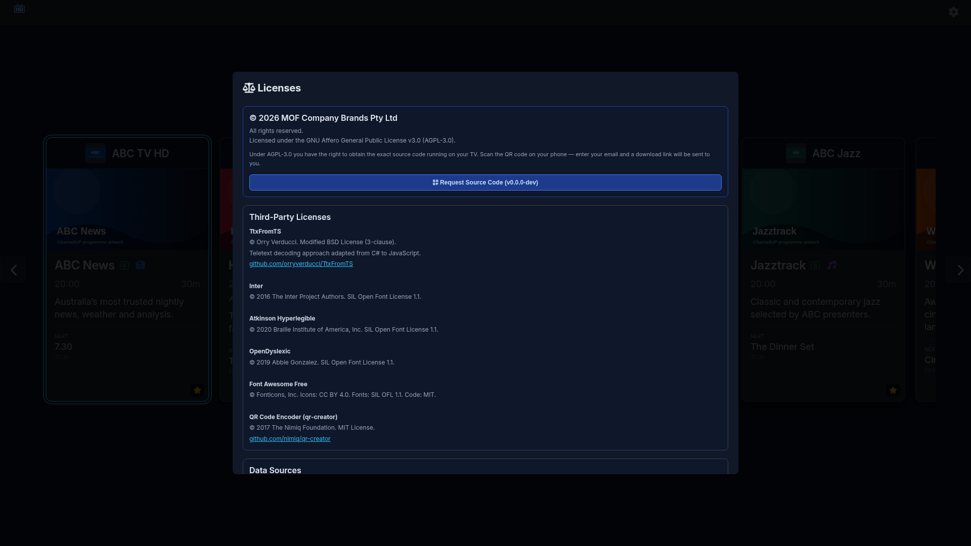 ChannelUP open-source licences screen